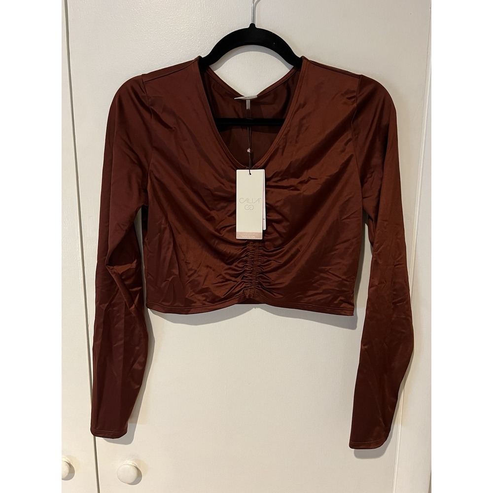 NWT‎ Calia Rash Guard Medium Long Sleeve Ruched Top Red Brown Womens Swim Shirt
